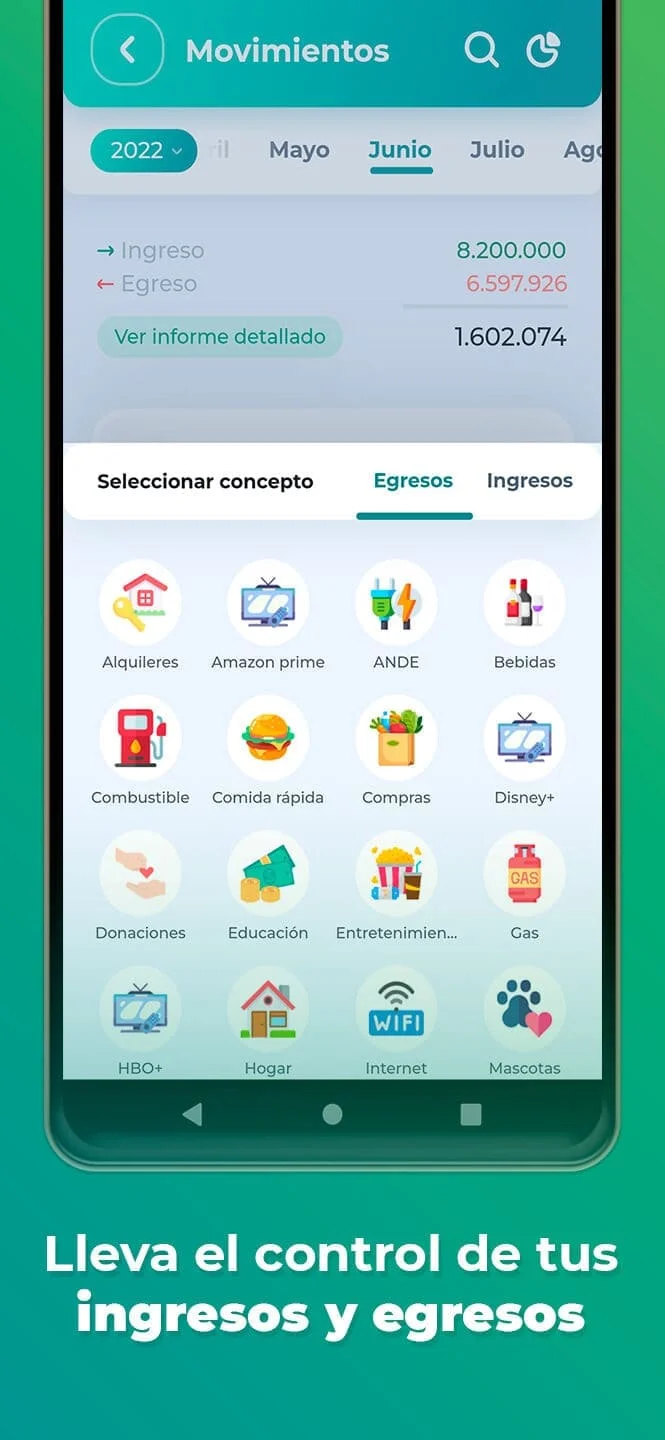 Registro de movimientos de Controlate con categorías de ingresos y egresos
