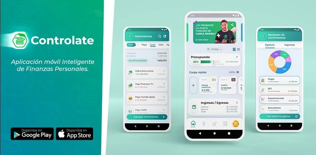 Presentación de Controlate con las pantallas de inicio, movimientos y resumen de gastos