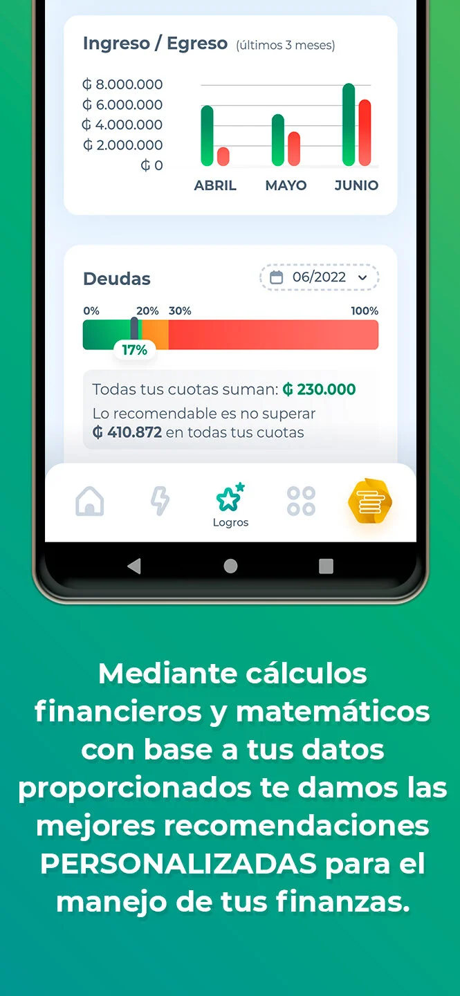 Gráficos de ingresos, egresos y deudas con recomendaciones personalizadas de Controlate