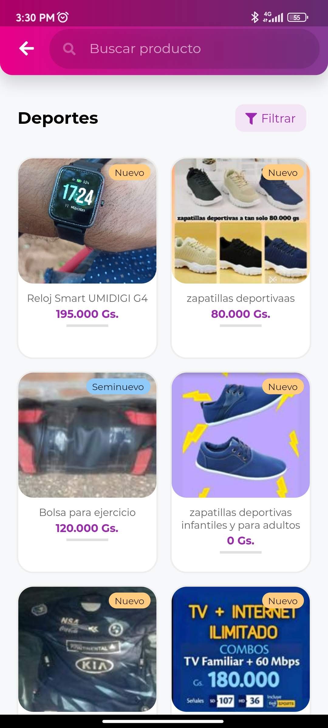 Catálogo de productos de la categoría Deportes con búsqueda y filtros en Etail