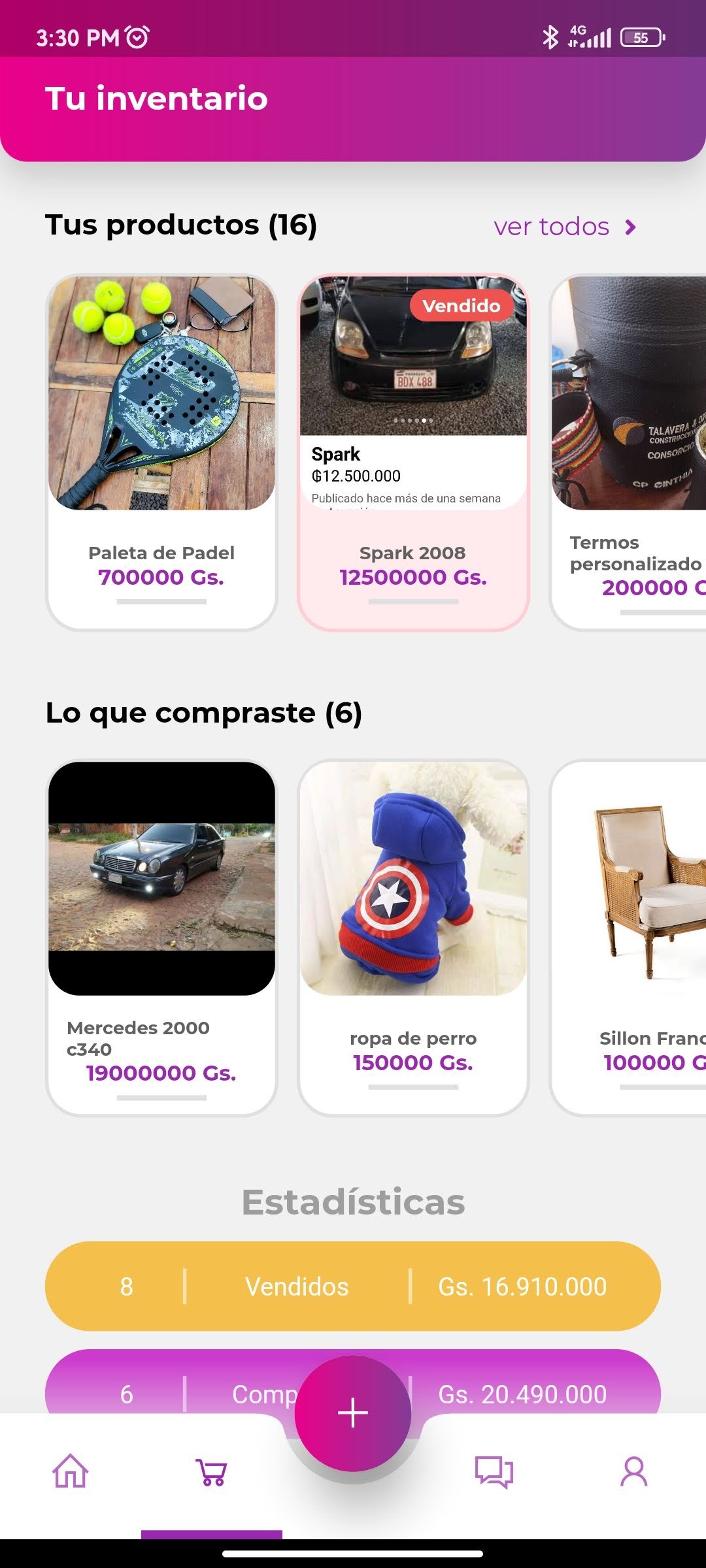 Inventario de Etail con productos publicados, compras y estadísticas