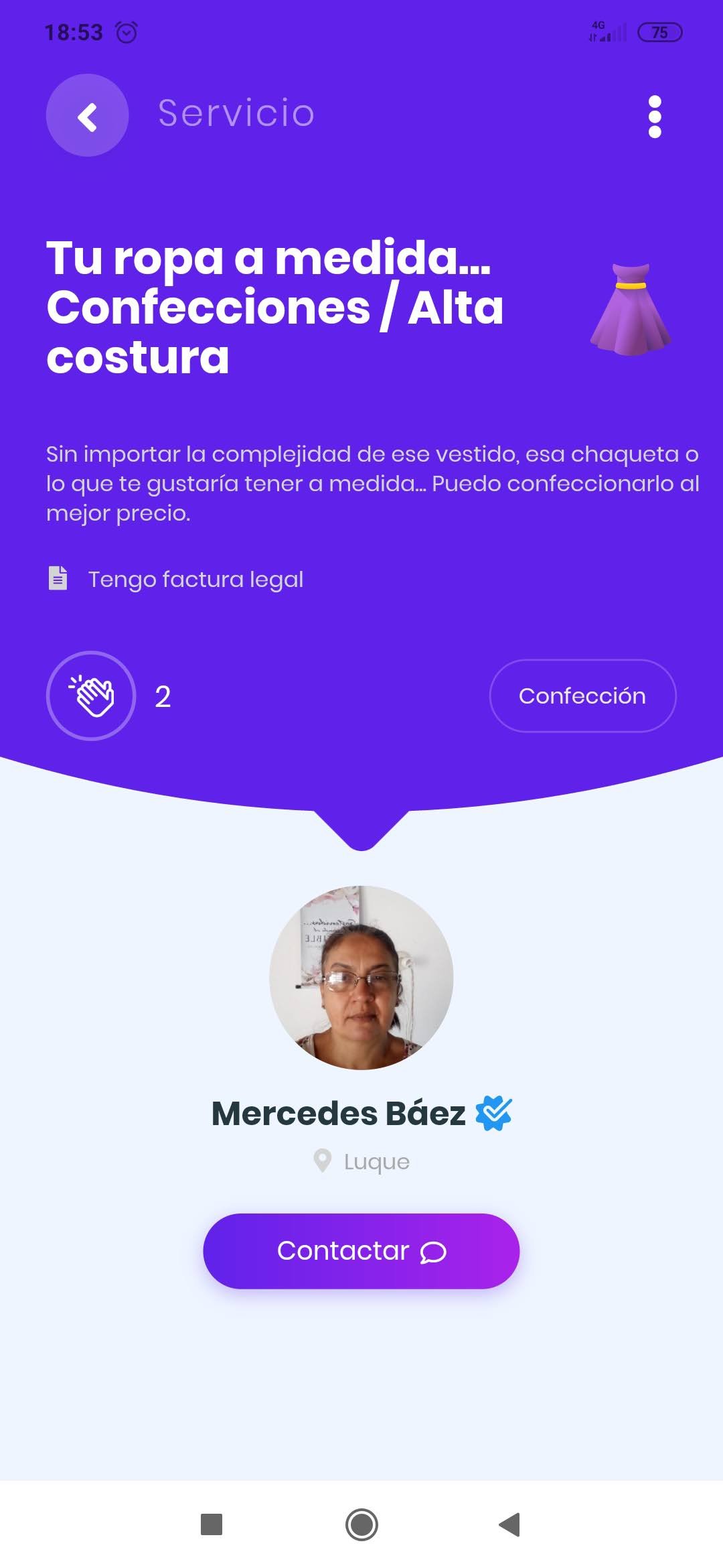 Detalle de un servicio de confección en App Mbarete con información y contacto de la profesional