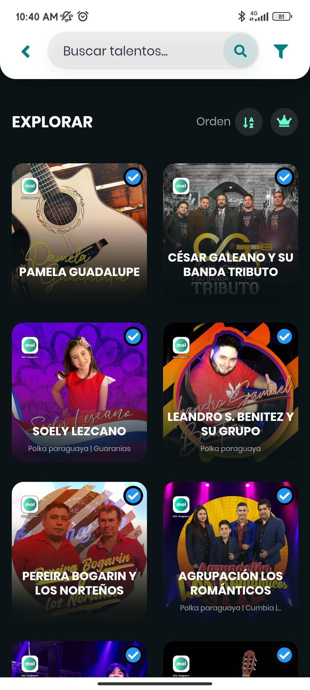 Catálogo de artistas de App MOL con búsqueda, filtros y opciones de orden