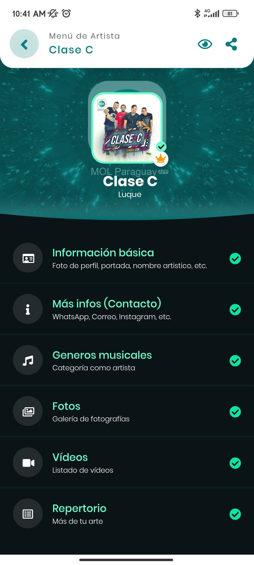 Menú del artista en App MOL para gestionar información, contacto, géneros, fotos, videos y repertorio