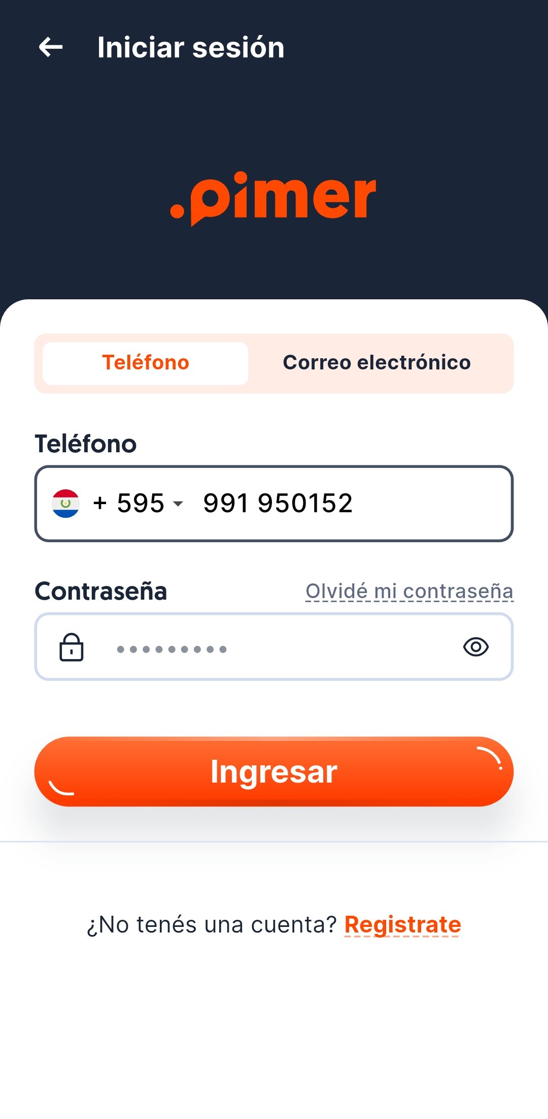 Pantalla de inicio de sesión de Pimer