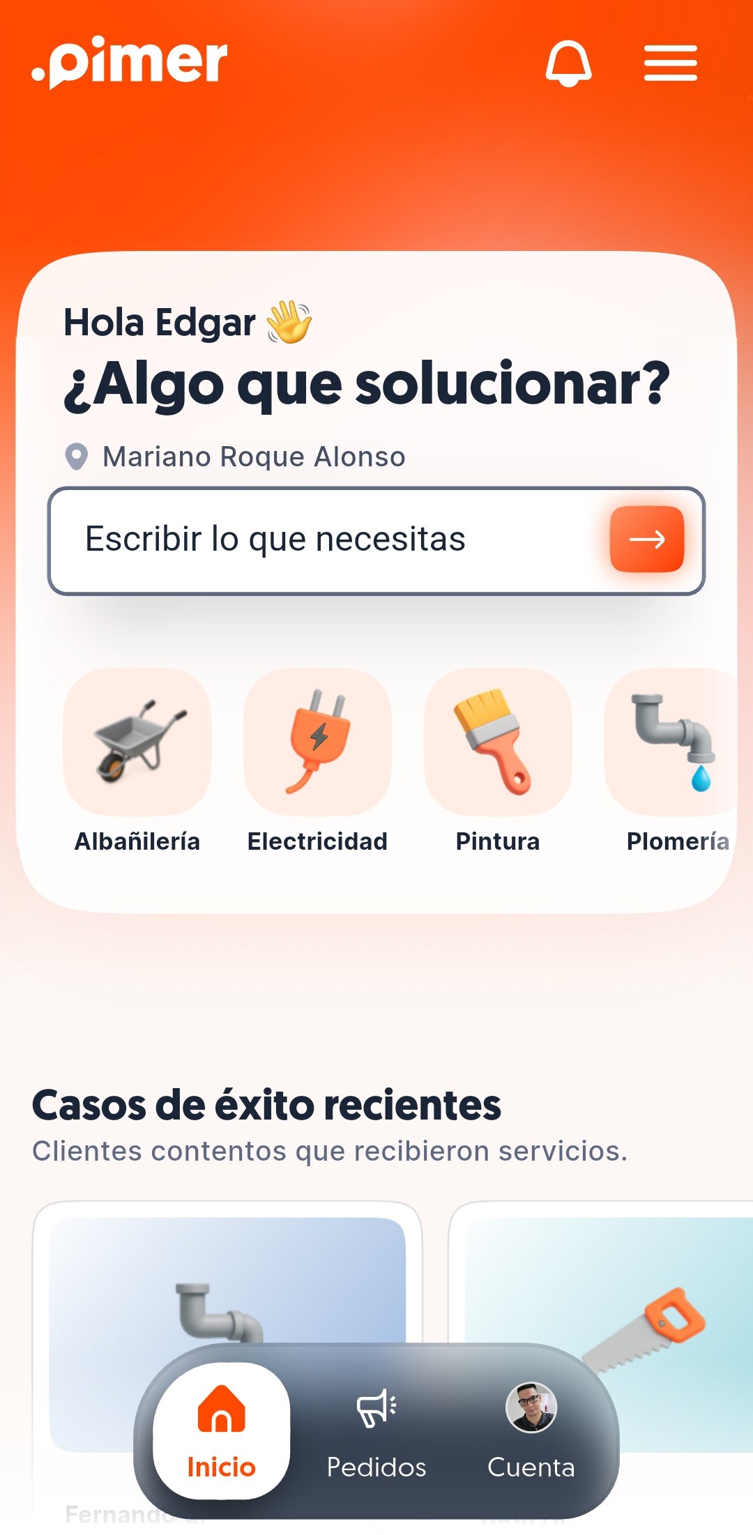 Inicio de Pimer con búsqueda de servicios y casos de éxito