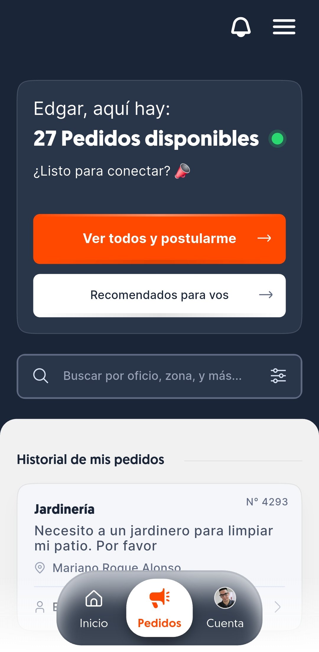 Panel de pedidos de Pimer con oportunidades e historial