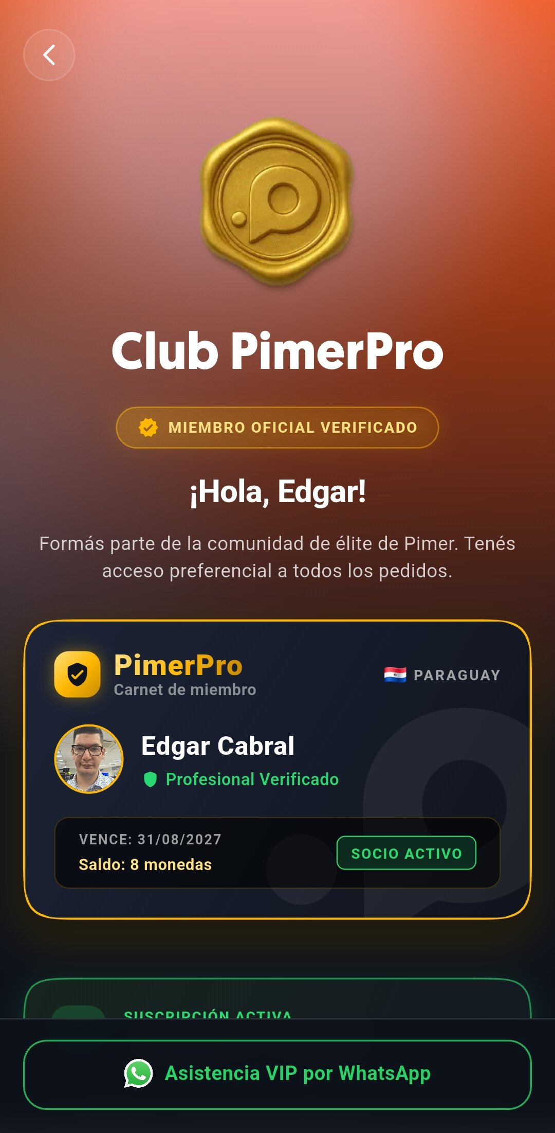 Pantalla del Club PimerPro con carnet y estado de membresía