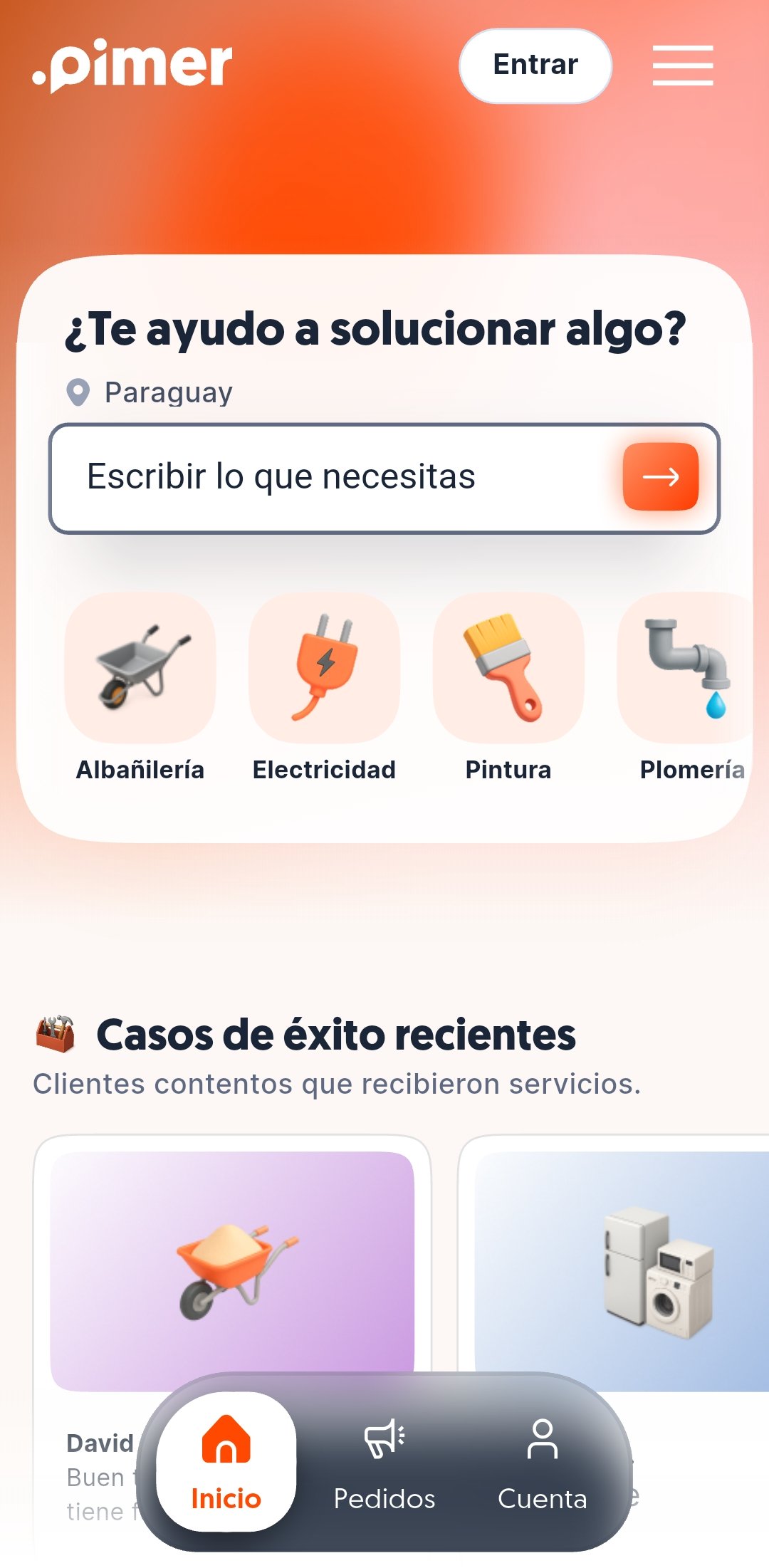 Pantalla real de inicio de Pimer para clientes