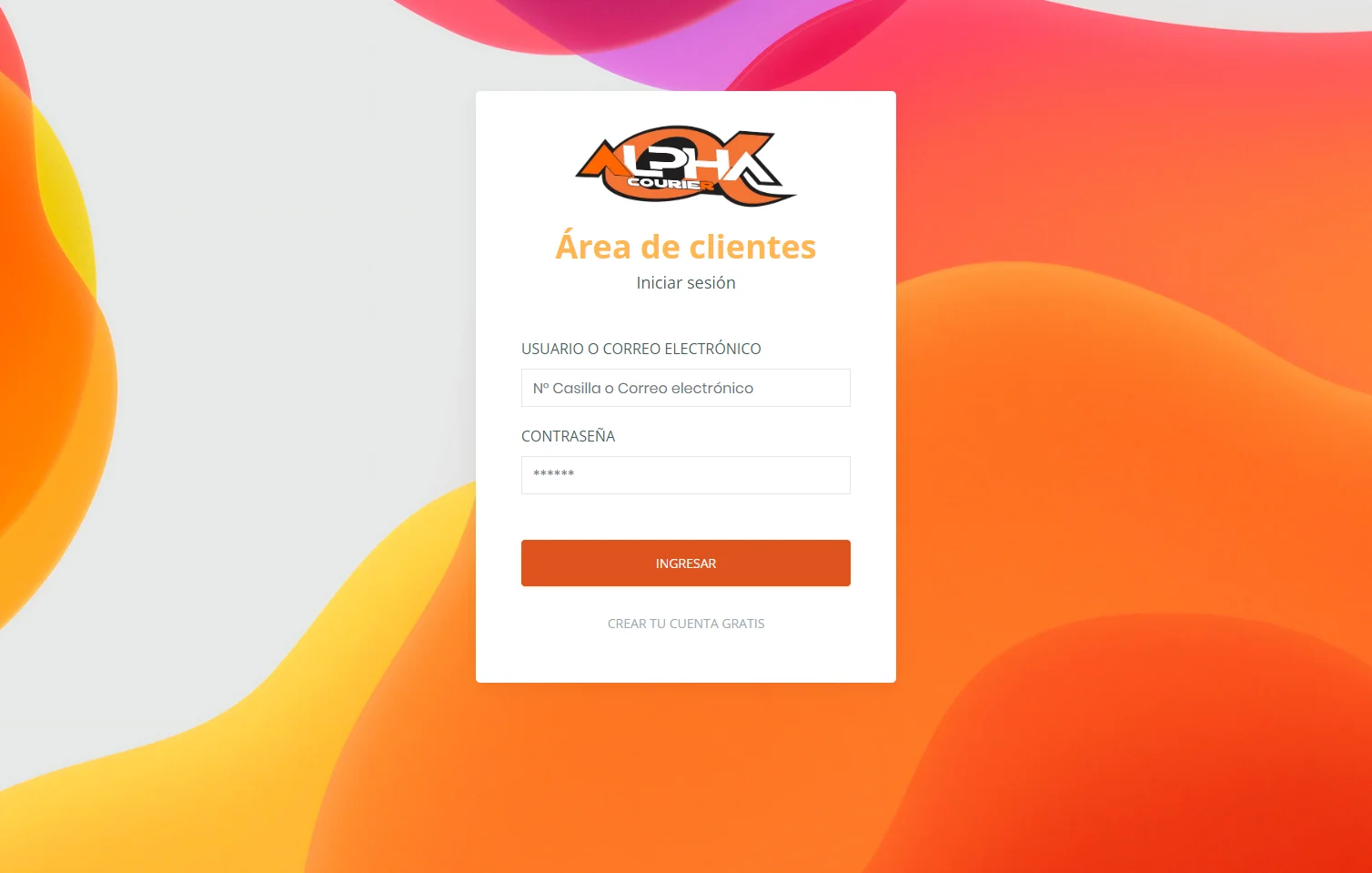 Pantalla de acceso al área de clientes de Alpha Courier