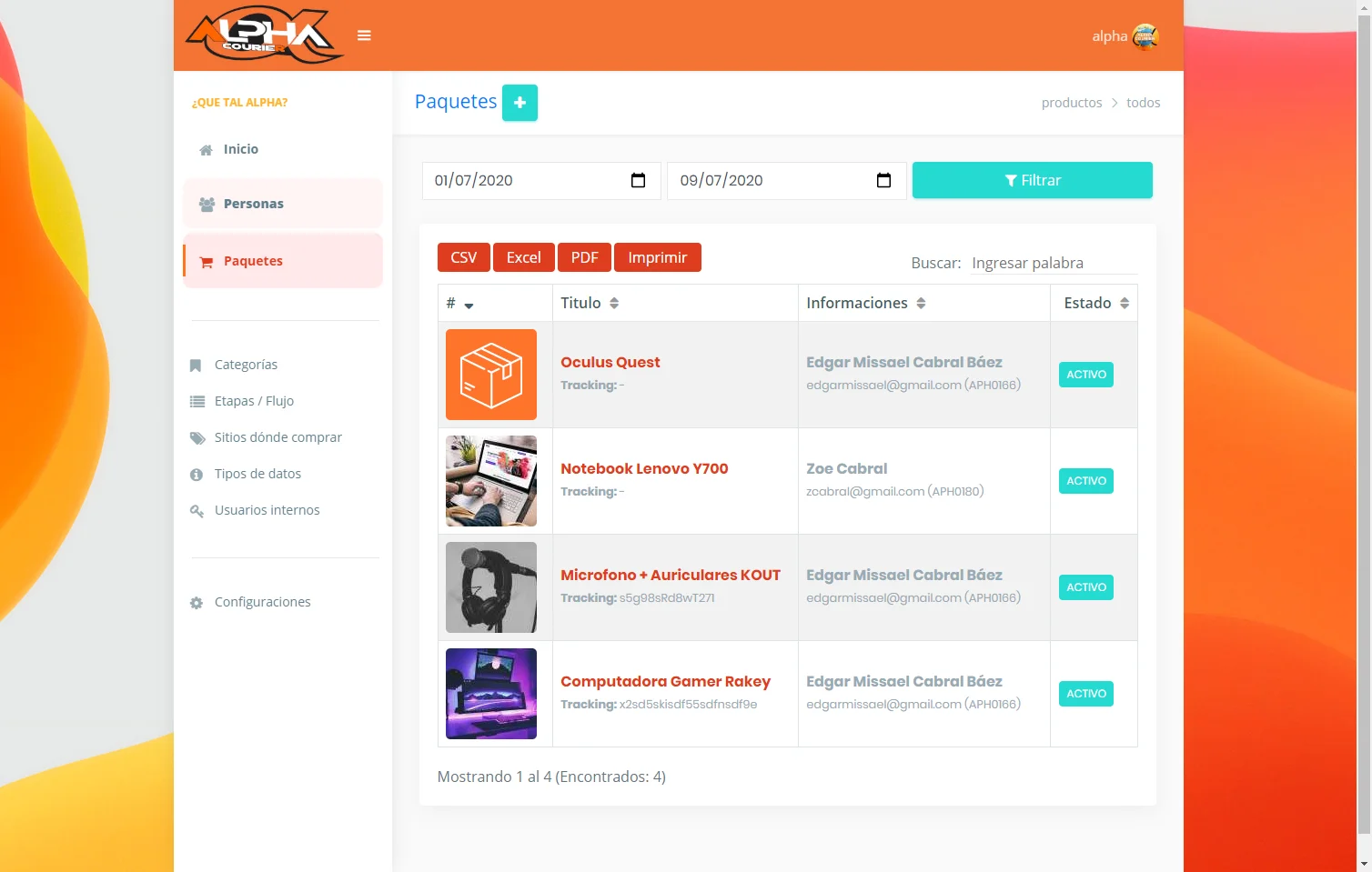 Listado de paquetes con filtros por fecha, búsqueda y exportación de datos