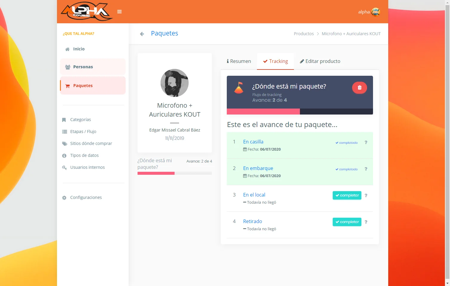 Detalle del avance de un paquete a través de las etapas de envío y retiro